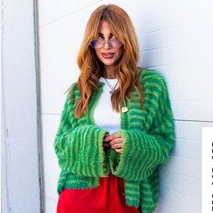 Dressed In LALA Double Trouble Striped Fuzzy Cardigan NWT